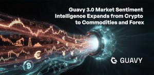 Graphic illustration showing Guavy 3.0 market sentiment intelligence expands from crypto to commodities and forex.