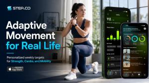 Woman exercising in a lunge position beside Step.co app screens showing personalized weekly targets, mobility progress, activity journal, and workout recommendations for Strength, Cardio, and Mobility.