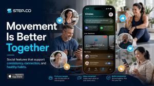 Step.co Circles app screen surrounded by people reacting with hearts, likes, and claps, showing how social fitness features help users stay connected, motivated, and consistent.