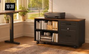 Black rolling office storage cabinet with a wood top, printer shelf, open book storage, file drawers, lock, and caster wheels beside a standing desk.
