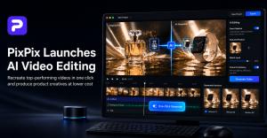 PixPix AI video editing feature launch cover showing the PixPix logo and e-commerce video creation.