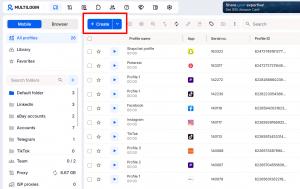 Dashboard da Multilogin rodando perfis de Facebook, TikTok, Instagram e Reddit em diferentes países, ilustrando celulares na nuvem para gerenciamento global de redes sociais.