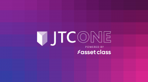 JTC ONE logo powered by Asset Class, displayed in white against a pixelated purple-to-magenta gradient background.