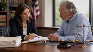Disability benefits applicant reviewing documents with a legal representative during an SSDI and SSI consultation in a law office.