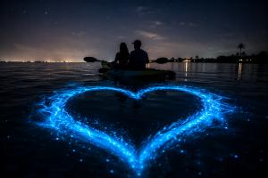 Heart-shaped bioluminescence with two kayakers in love