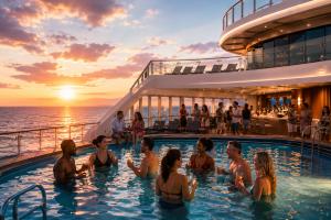 Cruise travelers socialize in a ship’s pool and lounge area at sunset, illustrating CruiseHuddle’s community-focused cruise experience.