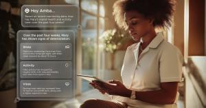 An image of a healthcare team member using HeyAmba, a passive monitoring technology that provides real-time health insights to help senior living communities deliver more proactive, personalized care.