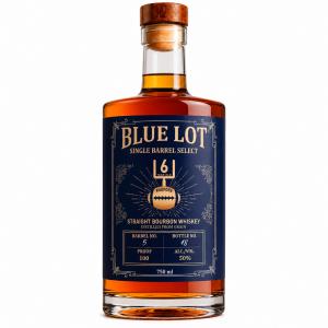 A bottle of Blue Lot Bourbon Single Barrel Select straight bourbon whiskey against a white background.
