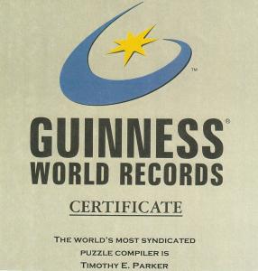 Guinness World Records certificate for Timothy E. Parker, most syndicated puzzle compiler