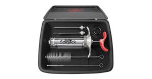 SpitJack SQUIRT 50 meat injector kit displayed with the injector, needles, brushes, O-rings, storage case, and launch headline.