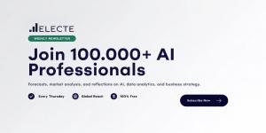 ELECTE weekly newsletter banner reading "Join 100,000+ AI Professionals" with the ELECTE logo, the tagline "Forecasts, market analysis, and reflections on AI, data analytics, and business strategy," badges for Every Thursday, Global Reach, and 100% Free,