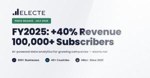 ELECTE milestone graphic showing over 40% revenue growth in fiscal year 2025 and more than 100,000 newsletter subscribers.