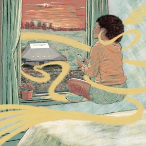 Illustration by Nile Livingston of a young girl listening to music from the Highmark Mann Center through her bedroom window, inspired by neighbors who experienced concerts from home