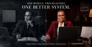 Split-scene portrait of Marki Lemons Ryhal seated at an executive desk. The left side is grayscale and shows her reviewing handwritten notes beside a laptop and calendar. The right side is warmly lit and shows her smiling in a red blazer behind a laptop w
