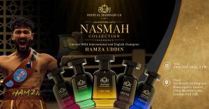 Launch banner showing boxer Hamza Uddin and the five new Nasmah Eau de Parfum bottles with event date and venue