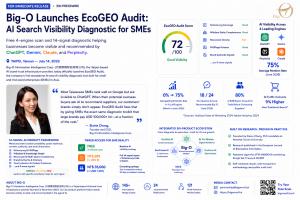 Infographic showing Big-O EcoGEO Audit with AI search visibility score, 14-signal diagnostic framework, CEO Elaine Chang, pricing tiers, and AI Brand Infrastructure Platform.