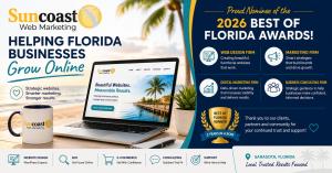 Branded graphic announcing Suncoast Web Marketing's 2026 Best of Florida Award nominations for Web Design, Digital Marketing, Marketing, and Business Consulting in Sarasota, Florida.
