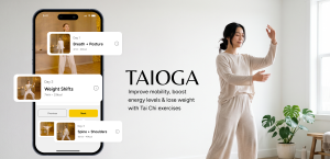 Woman practicing low-impact Tai Chi exercise for weight loss and balance with Taioga"