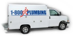 "Plumbing service truck with 1-800-PLUMBING branding and logo"