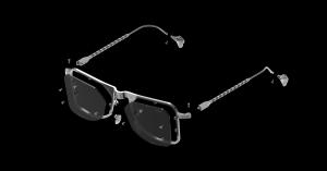 Exploded technical rendering of the DRK Kurai titanium sunglasses showing all 29 components, twisted temples, dragon-head temple tips and hawk nosepads against a black background.