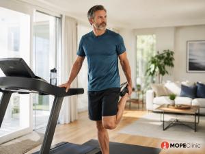 Man stretching after treadmill workout at home for exercise recovery and healthy aging with MOPE Clinic logo