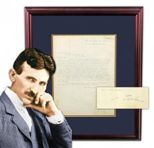 Nikola Tesla typed letter, signed and dated March 16, 1901, addressed to electrical engineer Robert Ten Eyck Lozier, regarding Tesla’s hopes for establishing wireless communication with Europe. Estimate: $15,000-$20,000