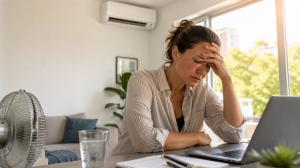 Woman sitting at a home office desk looking exhausted during a hot summer day, illustrating heat-related stress, fatigue, and emotional overload.