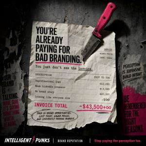 A dramatic editorial graphic showing a crumpled invoice pinned to a grungy wall with a pink-handled knife. The invoice reads: "You're already paying for bad branding. You just don't see the invoice." Line items list the hidden costs: Unprofessional logo -