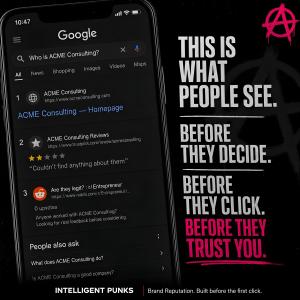 A dark editorial graphic showing a smartphone displaying a Google search for "Who is ACME Consulting?" The results show a weak brand presence: a basic homepage as the first result, a 2-star Trustpilot review with the quote "Couldn't find anything about th
