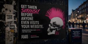 A large outdoor billboard on a city street at dusk showing an Intelligent Punks Brand Reputation campaign. The billboard features a punk skull with a bold pink mohawk and the anarchy symbol, beside the headline "Get taken seriously before anyone even visi