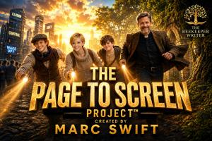 Promotional artwork for THE PAGE TO SCREEN PROJECT™ featuring four main characters running between two contrasting worlds, symbolising the adaptation of Marc Swift's novel Don't Panic! You're Just Awake into a feature film.