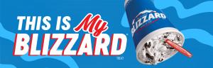 Blue promotional graphic featuring the words “This Is My Blizzard Treat” beside a tilted DQ Blizzard cup filled with cookies-and-cream soft serve and a red Dairy Queen spoon.