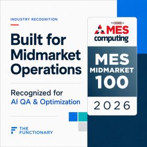 The Functionary graphic announcing recognition on the 2026 MES Midmarket 100 list for AI QA & Optimization.