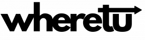 WhereTu logo in black bold lowercase text with a rightward arrow integrated above the letter "u"