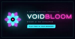 Official Voidbloom key art featuring the neon flower logo, the Voidbloom title and the message “Play free in your browser.”