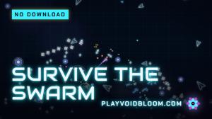 Voidbloom gameplay showing a neon light-ship fighting through a dense swarm of glowing geometric enemies.
