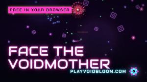 Voidbloom gameplay showing a neon light-ship facing the large circular Voidmother boss amid glowing enemies and projectiles.