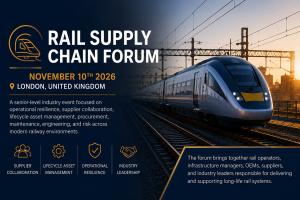 Rail Supply Chain Forum 2026 event graphic promoting the London forum on rail integration, accountability, assurance, fleet performance and supply chain readiness.