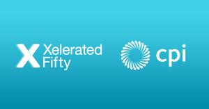 the XeleratedFifty and CPI logos in white against a turquoise background