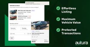 Autura Marketplace scheduling screen showing vehicle listings and auction details, with callouts for effortless listing, maximum vehicle value, and protected transactions.