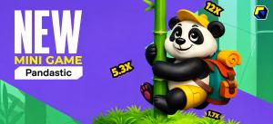 Promotional banner for Pandastic by Upgames featuring a panda climbing a bamboo stalk with increasing multipliers in a colorful crash-style mini game.