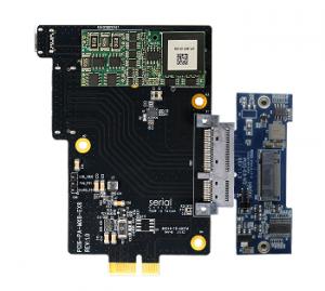 Paddle card with Quarch PAM mezzanine and M.2 to E3.S interposer for PCIe 5.0 drive testing