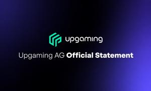 Corporate announcement graphic displaying the Upgaming logo and the headline "Upgaming AG Official Statement" on a dark blue and purple gradient background.