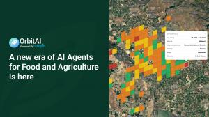 Graphic promoting OrbitAI by Cropin with the headline, "A new era of AI Agents for Food and Agriculture is here." The left side features the OrbitAI logo on a dark green background. The right side shows a satellite map overlaid with color-coded grid cells