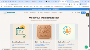 WellGrowthAI wellbeing toolkit featuring Smart Daily Blueprint™, Orja™ AI Companion, and BioSync Rhythms™.