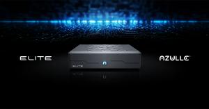 Azulle Elite mini PC workstation, a compact black device with the Elite logo, shown against a dark blue circuit board background