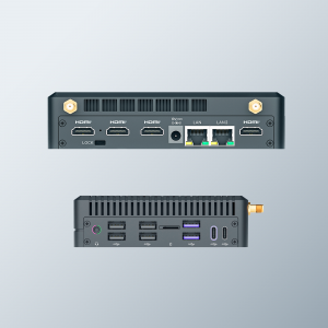 Panels of the Azulle Elite mini PC showing four HDMI 2.1 ports, two Ethernet ports, antenna connectors, USB-A and USB-C ports, audio jack, and microSD slo