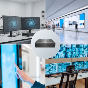 Collage showing the Azulle Elite mini PC at center, surrounded by four use cases: a dual-monitor lab workstation, a retail digital signage wall, an interactive touchscreen kiosk, and a security control room with a video wall