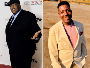 Before-and-after photo of hip hop producer Theodore "Noize Beatz" Lawrence after losing 140 pounds over two years.