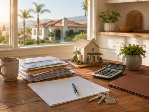 Sunlit home office desk with house keys, blank documents, calculator, stacked envelopes, and a model home, representing foreclosure prevention review and homeowner options in California.